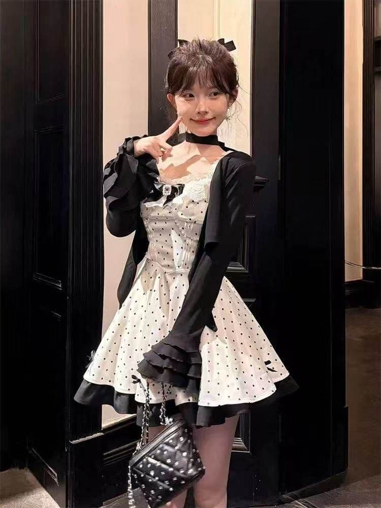 일본식 달콤함 소녀 천 금빛 바람 나비 매듭 도트 무늬 드레스 여자 학생 가을 새로운 오픈 가디건 투피스 세트 트렌디 상세 이미지 2