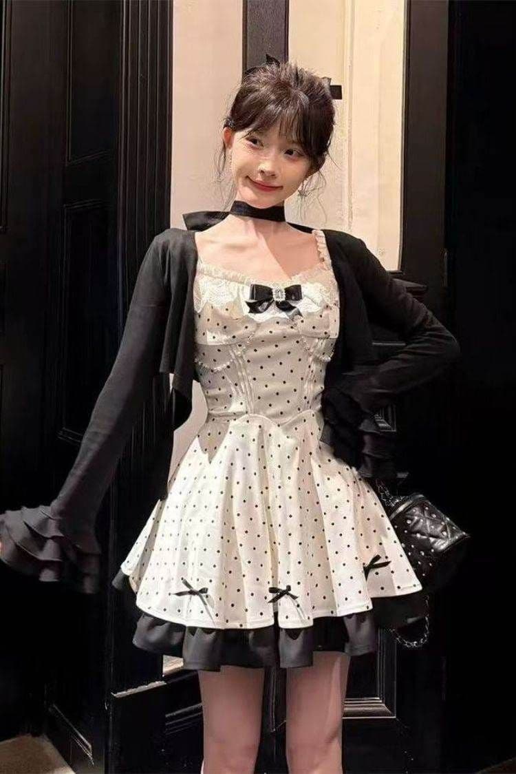 일본식 달콤함 소녀 천 금빛 바람 나비 매듭 도트 무늬 드레스 여자 학생 가을 새로운 오픈 가디건 투피스 세트 트렌디 상세 이미지 3