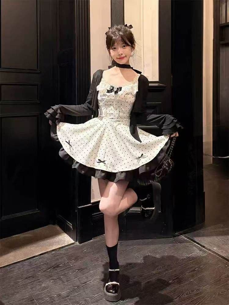 일본식 달콤함 소녀 천 금빛 바람 나비 매듭 도트 무늬 드레스 여자 학생 가을 새로운 오픈 가디건 투피스 세트 트렌디 상세 이미지 6