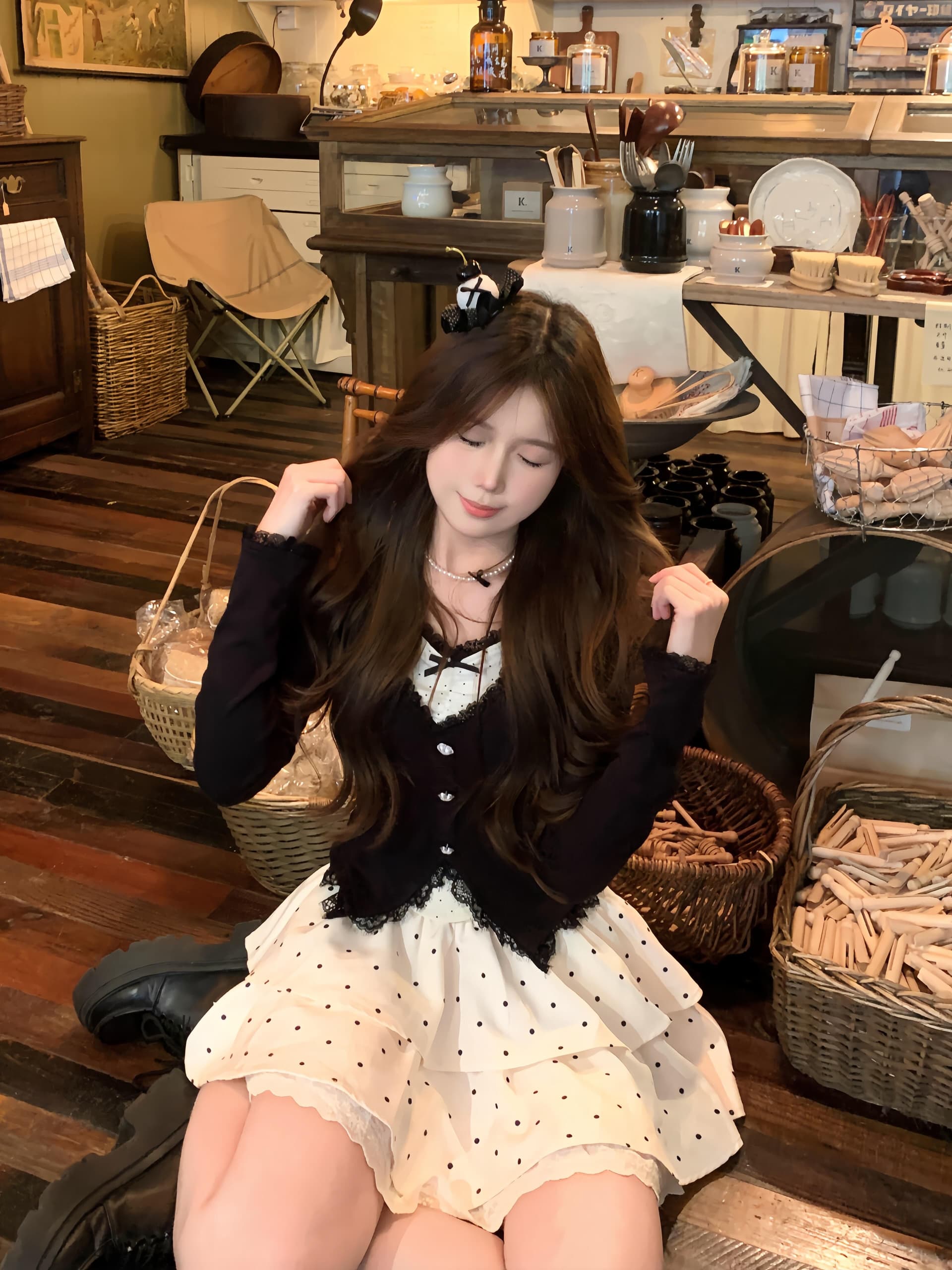 검정색 레이스 달콤함 착용 가져 가라. 니트 맨위 여성 이른 가을 아름다운 세트 순수한 욕망 바람 도트 무늬 반신 스커트 케이크 드레스 상세 이미지 2