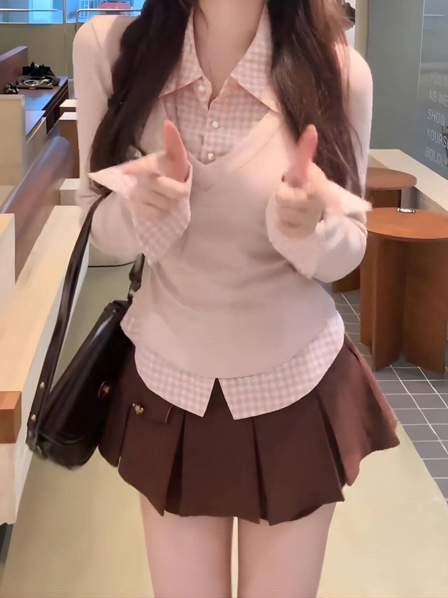 가을 몸매 가꾸기 슬림해 보이는 디자인 센스 순수한 욕망 바람 달콤함 페이크 레이어드 패치워크 셔츠 맨위 반신 치마 세트 여성 상세 이미지 3