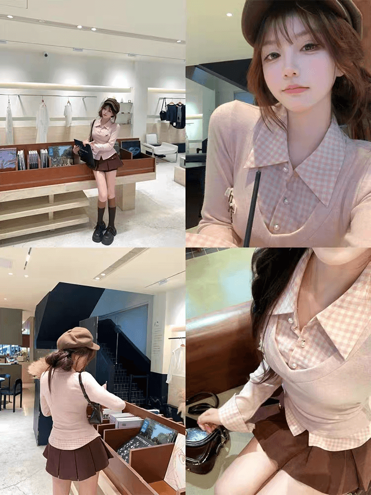가을 몸매 가꾸기 슬림해 보이는 디자인 센스 순수한 욕망 바람 달콤함 페이크 레이어드 패치워크 셔츠 맨위 반신 치마 세트 여성 상세 이미지 6