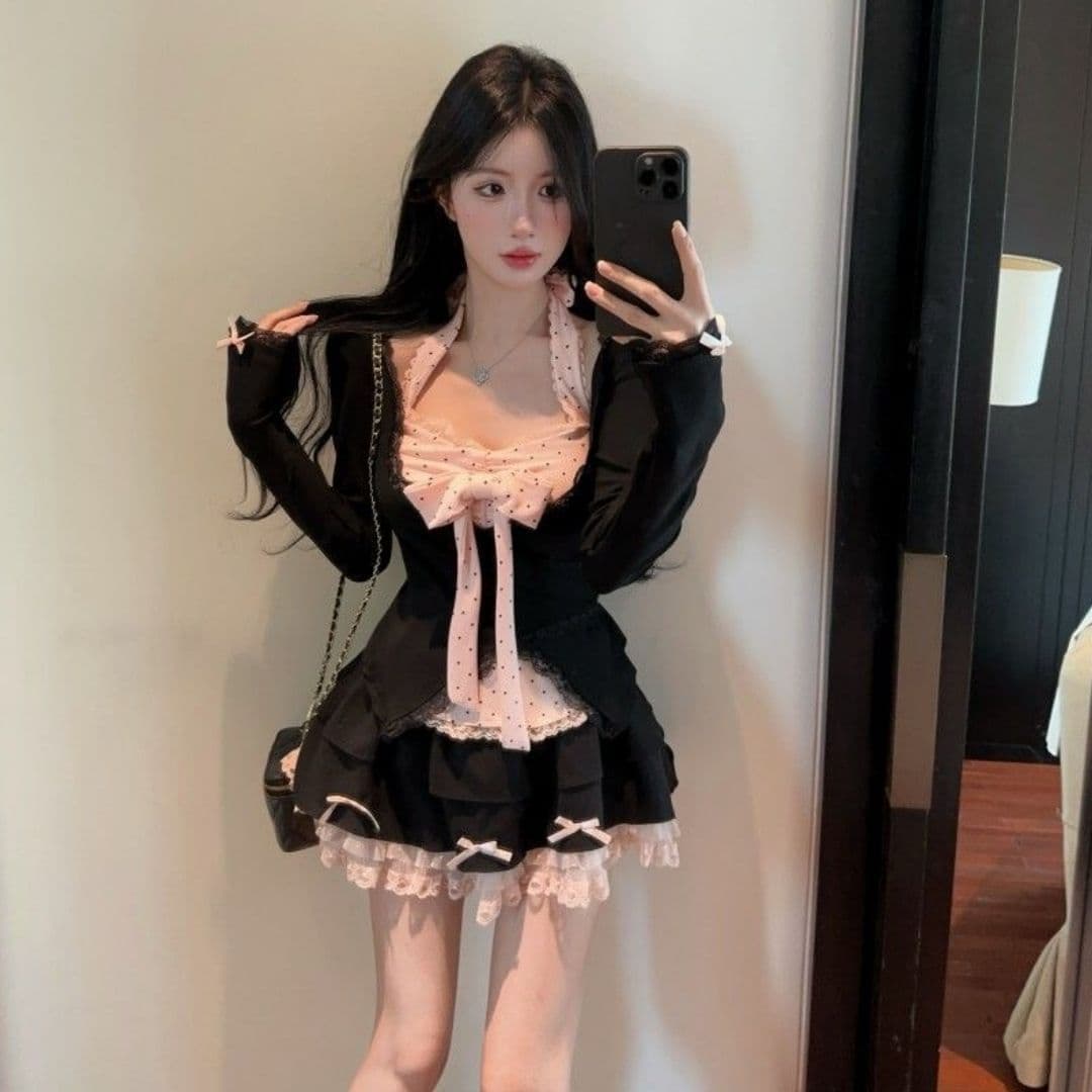 순수한 욕망 허리 지 가을 몸매 가꾸기 슬림해 보이는 순수한 욕망 바람 달콤한 매운맛 행침 목 슬립 오픈 가디건 맨위 반신 치마 세트 여성 상세 이미지 4