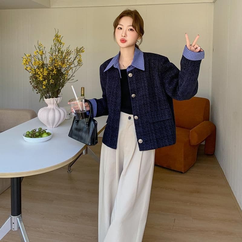 한 부서 부드러운 슬림해 보이는 착용 가져 가라. 파란색 작은 샤넬 스타일 싱글 줄 버튼 디자인 센스 품격 페이크 레이어드 재킷 패치워크 맨위 이미지 2
