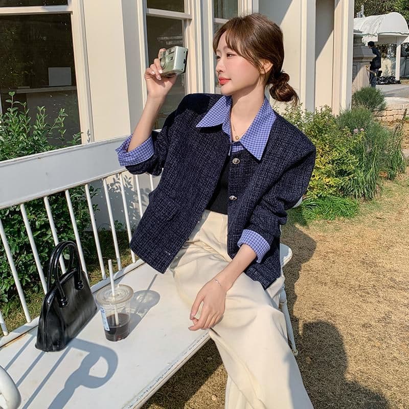 한 부서 부드러운 슬림해 보이는 착용 가져 가라. 파란색 작은 샤넬 스타일 싱글 줄 버튼 디자인 센스 품격 페이크 레이어드 재킷 패치워크 맨위 이미지 5