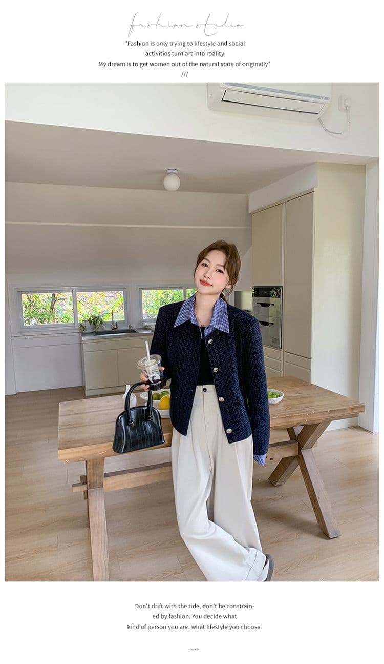 한 부서 부드러운 슬림해 보이는 착용 가져 가라. 파란색 작은 샤넬 스타일 싱글 줄 버튼 디자인 센스 품격 페이크 레이어드 재킷 패치워크 맨위 상세 이미지 6