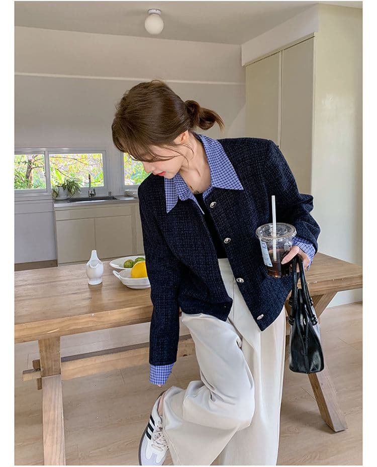 한 부서 부드러운 슬림해 보이는 착용 가져 가라. 파란색 작은 샤넬 스타일 싱글 줄 버튼 디자인 센스 품격 페이크 레이어드 재킷 패치워크 맨위 상세 이미지 7