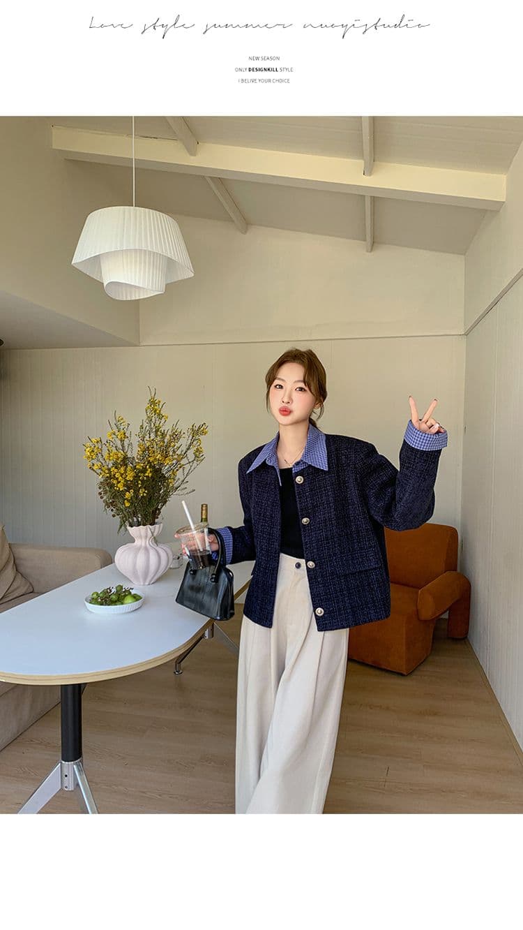 한 부서 부드러운 슬림해 보이는 착용 가져 가라. 파란색 작은 샤넬 스타일 싱글 줄 버튼 디자인 센스 품격 페이크 레이어드 재킷 패치워크 맨위 상세 이미지 9