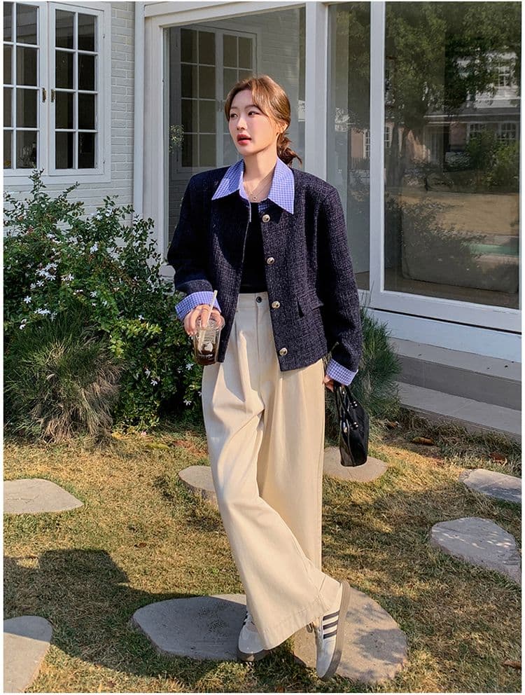 한 부서 부드러운 슬림해 보이는 착용 가져 가라. 파란색 작은 샤넬 스타일 싱글 줄 버튼 디자인 센스 품격 페이크 레이어드 재킷 패치워크 맨위 상세 이미지 10