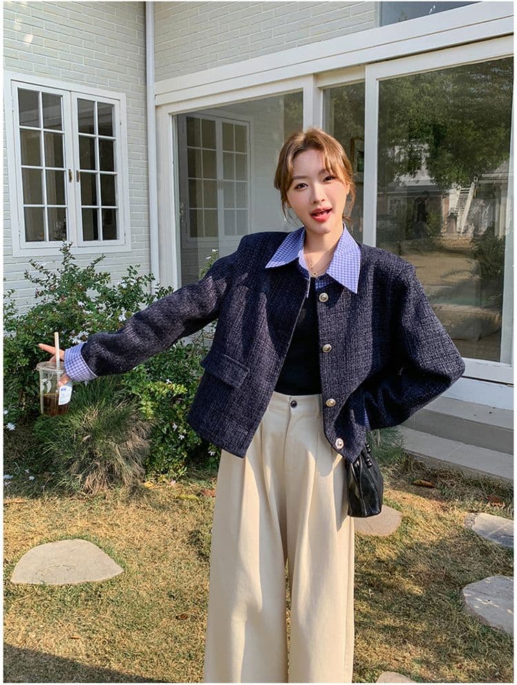 한 부서 부드러운 슬림해 보이는 착용 가져 가라. 파란색 작은 샤넬 스타일 싱글 줄 버튼 디자인 센스 품격 페이크 레이어드 재킷 패치워크 맨위 상세 이미지 11