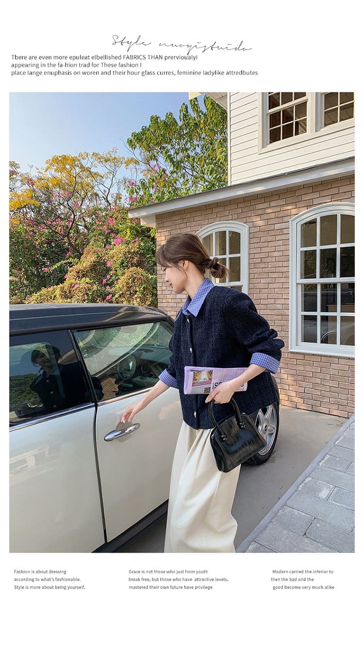 한 부서 부드러운 슬림해 보이는 착용 가져 가라. 파란색 작은 샤넬 스타일 싱글 줄 버튼 디자인 센스 품격 페이크 레이어드 재킷 패치워크 맨위 상세 이미지 12