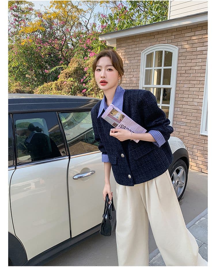 한 부서 부드러운 슬림해 보이는 착용 가져 가라. 파란색 작은 샤넬 스타일 싱글 줄 버튼 디자인 센스 품격 페이크 레이어드 재킷 패치워크 맨위 상세 이미지 13
