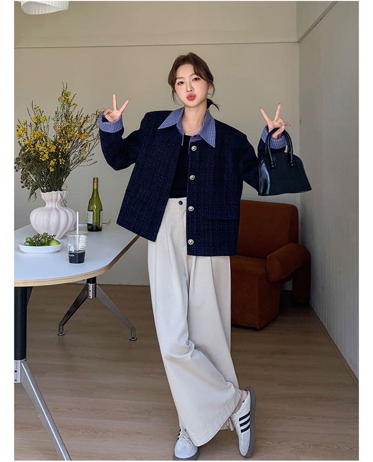 한 부서 부드러운 슬림해 보이는 착용 가져 가라. 파란색 작은 샤넬 스타일 싱글 줄 버튼 디자인 센스 품격 페이크 레이어드 재킷 패치워크 맨위 상세 이미지 14