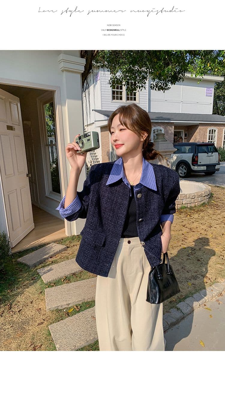 한 부서 부드러운 슬림해 보이는 착용 가져 가라. 파란색 작은 샤넬 스타일 싱글 줄 버튼 디자인 센스 품격 페이크 레이어드 재킷 패치워크 맨위 상세 이미지 18