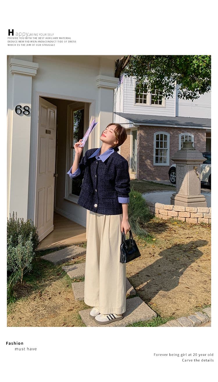 한 부서 부드러운 슬림해 보이는 착용 가져 가라. 파란색 작은 샤넬 스타일 싱글 줄 버튼 디자인 센스 품격 페이크 레이어드 재킷 패치워크 맨위 상세 이미지 21
