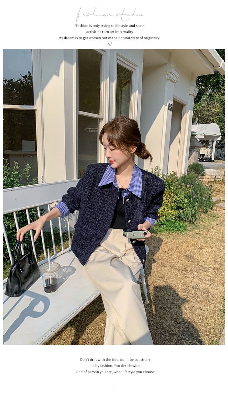 한 부서 부드러운 슬림해 보이는 착용 가져 가라. 파란색 작은 샤넬 스타일 싱글 줄 버튼 디자인 센스 품격 페이크 레이어드 재킷 패치워크 맨위 상세 이미지 24