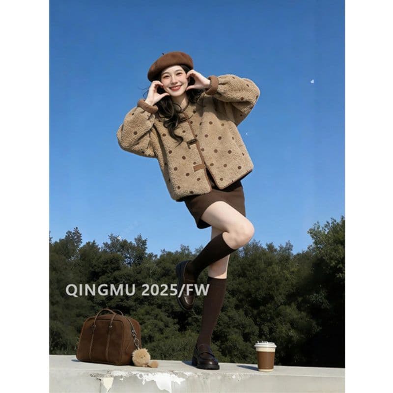 양면 착용 스웨이드 원단 양털 재킷 여성 겨울 쇼트 스타일 패션 외국 가스 피모 하나 도트 무늬 플리스 두꺼움 맨위 이미지 2