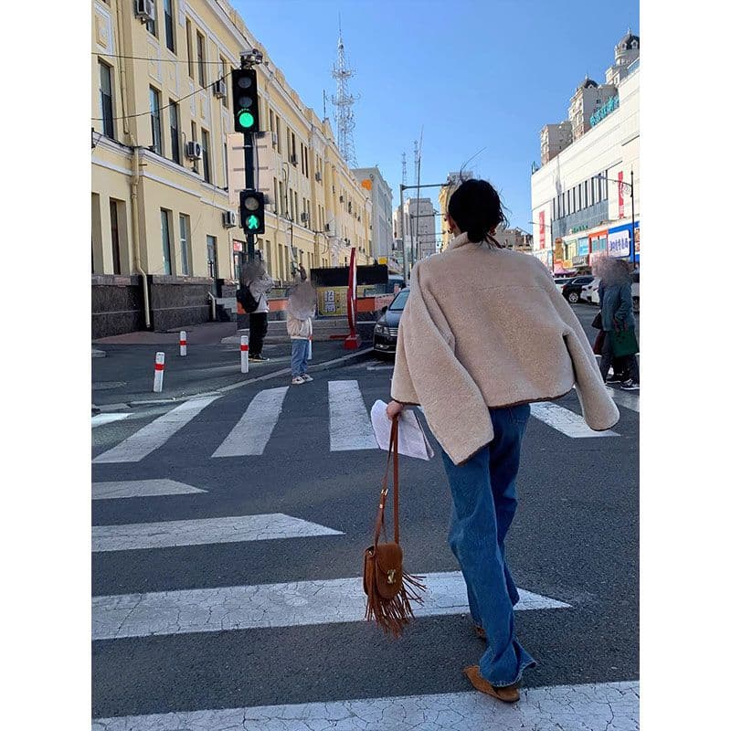 두꺼운 짧은 외투 스웨이드 양털 플리스 복합 하나 피모 하나 수 있습니다. 양면 착용 양털 재킷 짧은 스웨이드 원단 이미지 6