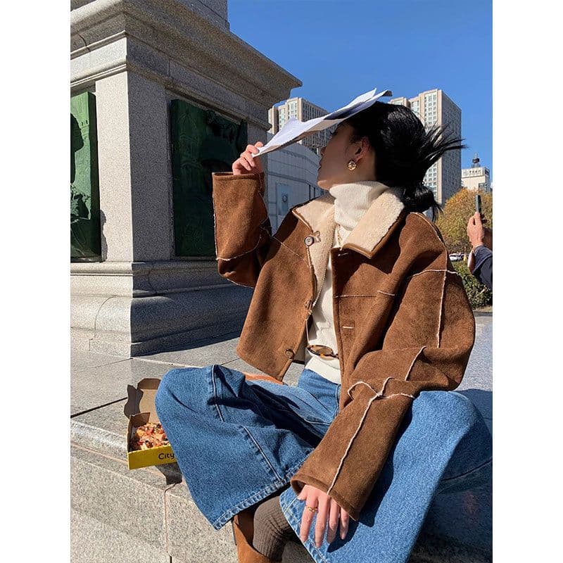 두꺼운 짧은 외투 스웨이드 양털 플리스 복합 하나 피모 하나 수 있습니다. 양면 착용 양털 재킷 짧은 스웨이드 원단 이미지 4