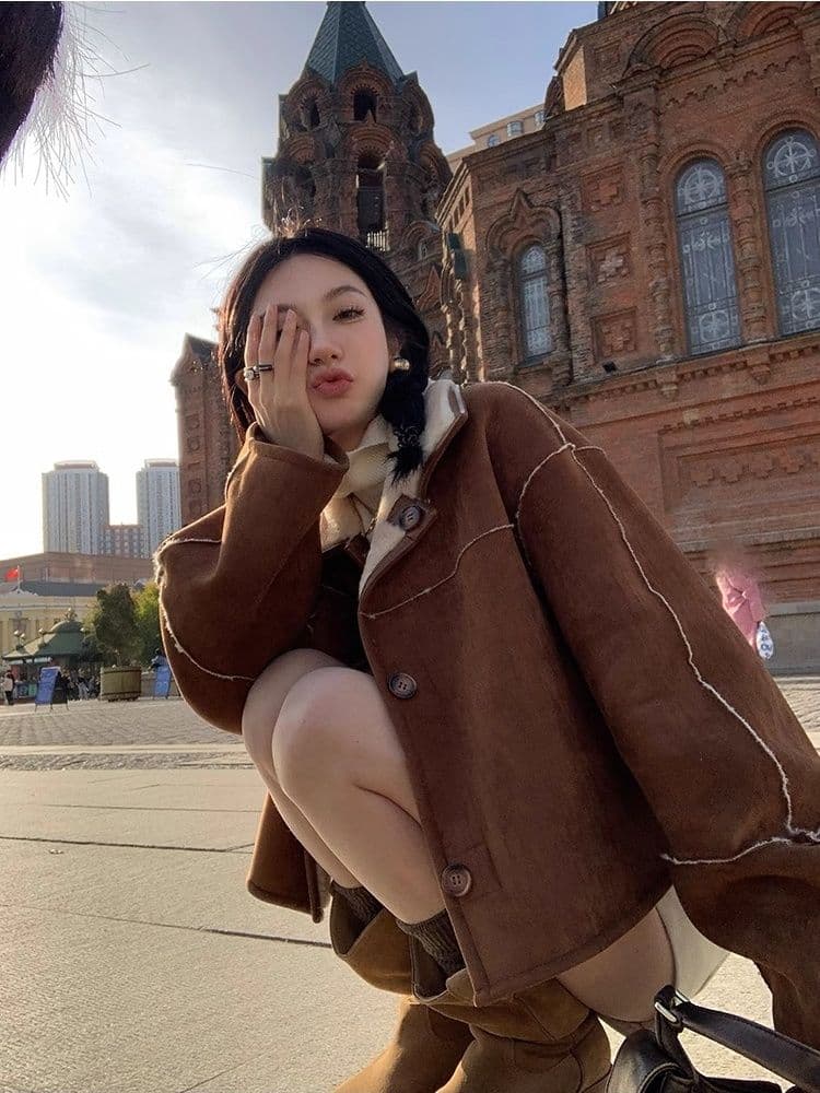 두꺼운 짧은 외투 스웨이드 양털 플리스 복합 하나 피모 하나 수 있습니다. 양면 착용 양털 재킷 짧은 스웨이드 원단 상세 이미지 10