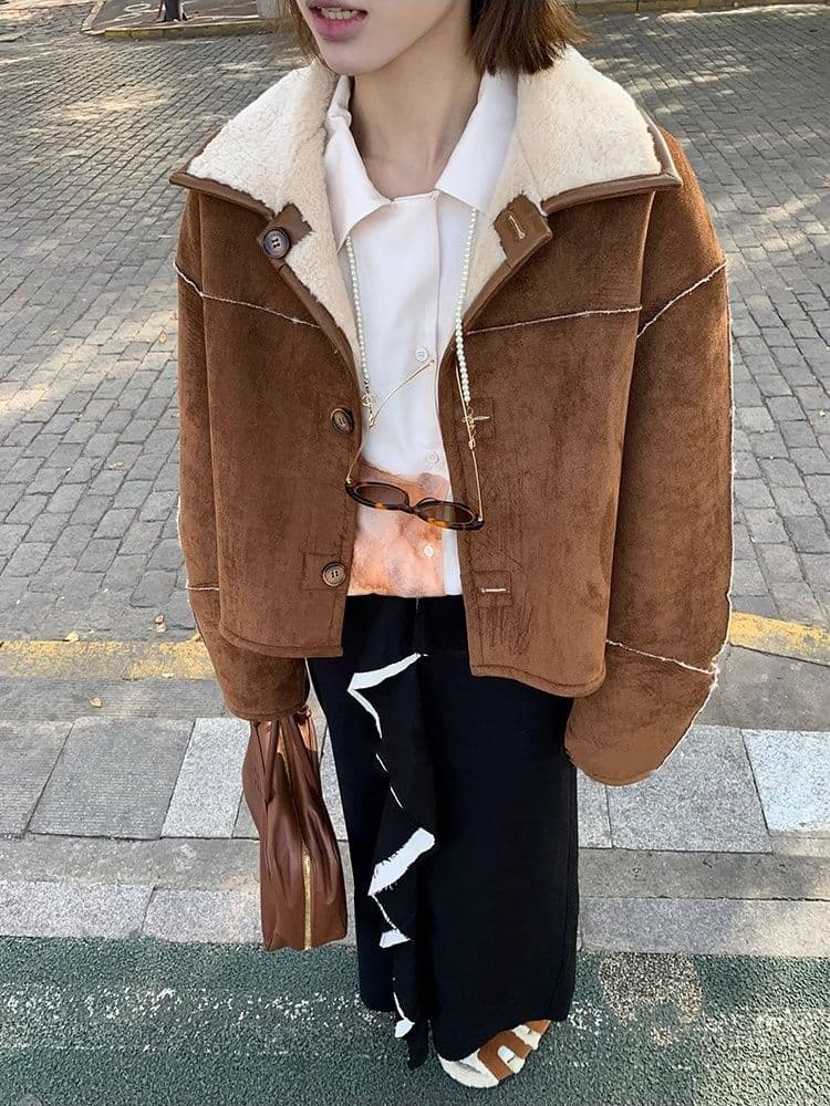 두꺼운 짧은 외투 스웨이드 양털 플리스 복합 하나 피모 하나 수 있습니다. 양면 착용 양털 재킷 짧은 스웨이드 원단 상세 이미지 11