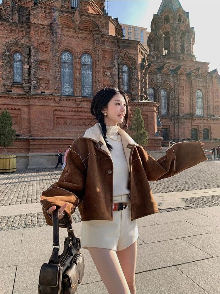 두꺼운 짧은 외투 스웨이드 양털 플리스 복합 하나 피모 하나 수 있습니다. 양면 착용 양털 재킷 짧은 스웨이드 원단 상세 이미지 13