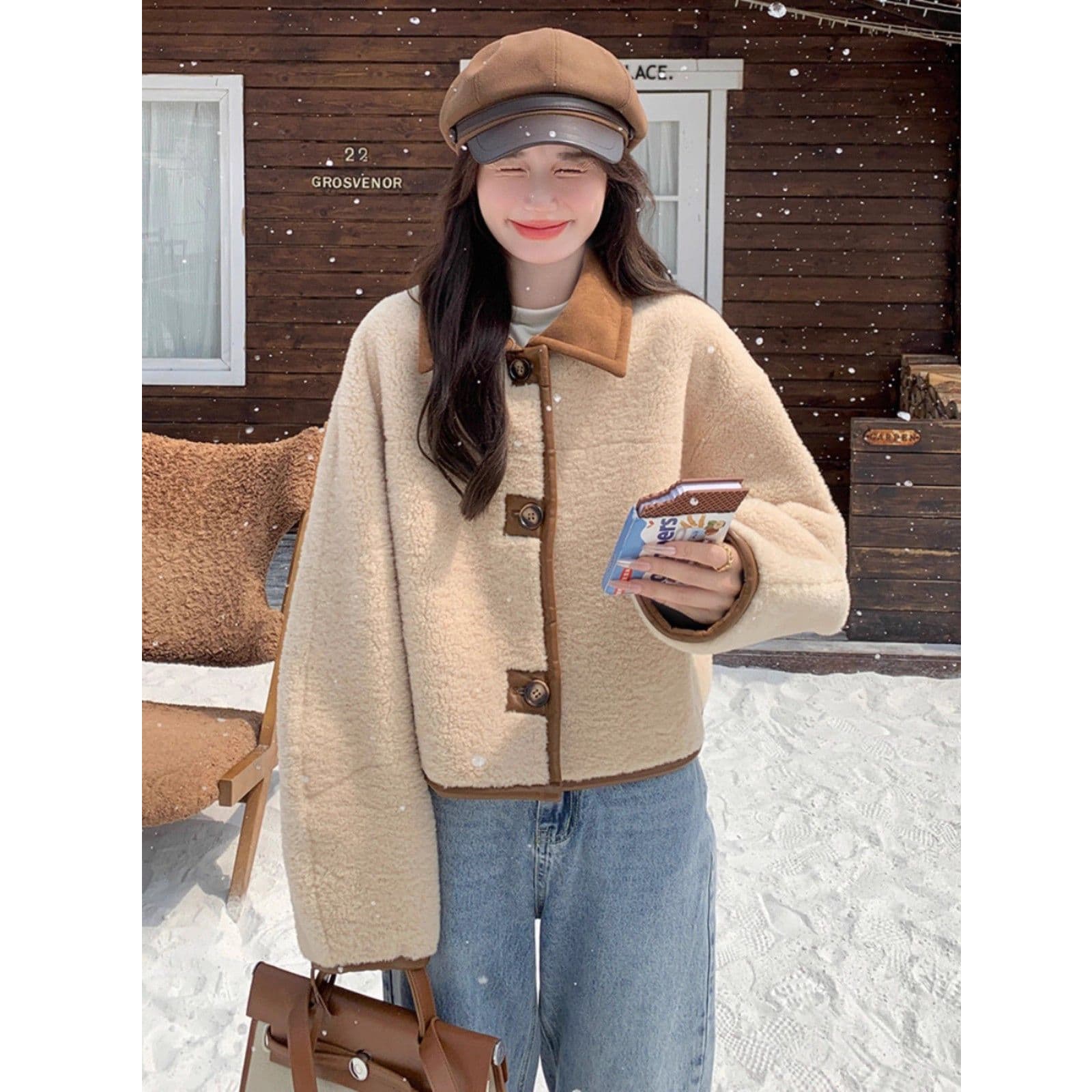두꺼운 짧은 외투 스웨이드 양털 플리스 복합 하나 커피 색상 피모 하나 양털 재킷 양면 착용 스웨이드 원단 이미지 3