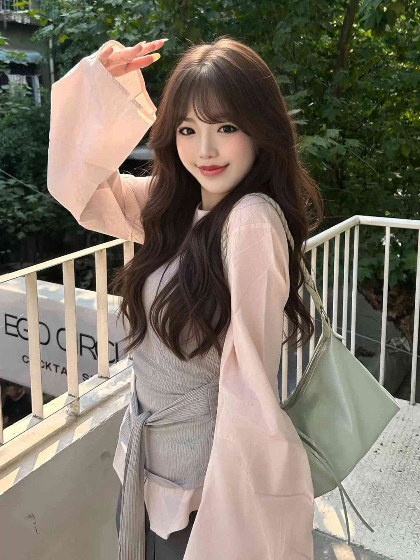 봄 가을 한 부서 소녀 착용 가져 가라. 전체 집합 디자인 센스 핑크색 긴팔 페이크 레이어드 셔츠 플리츠 미니 스커트 투피스 세트 이미지 2