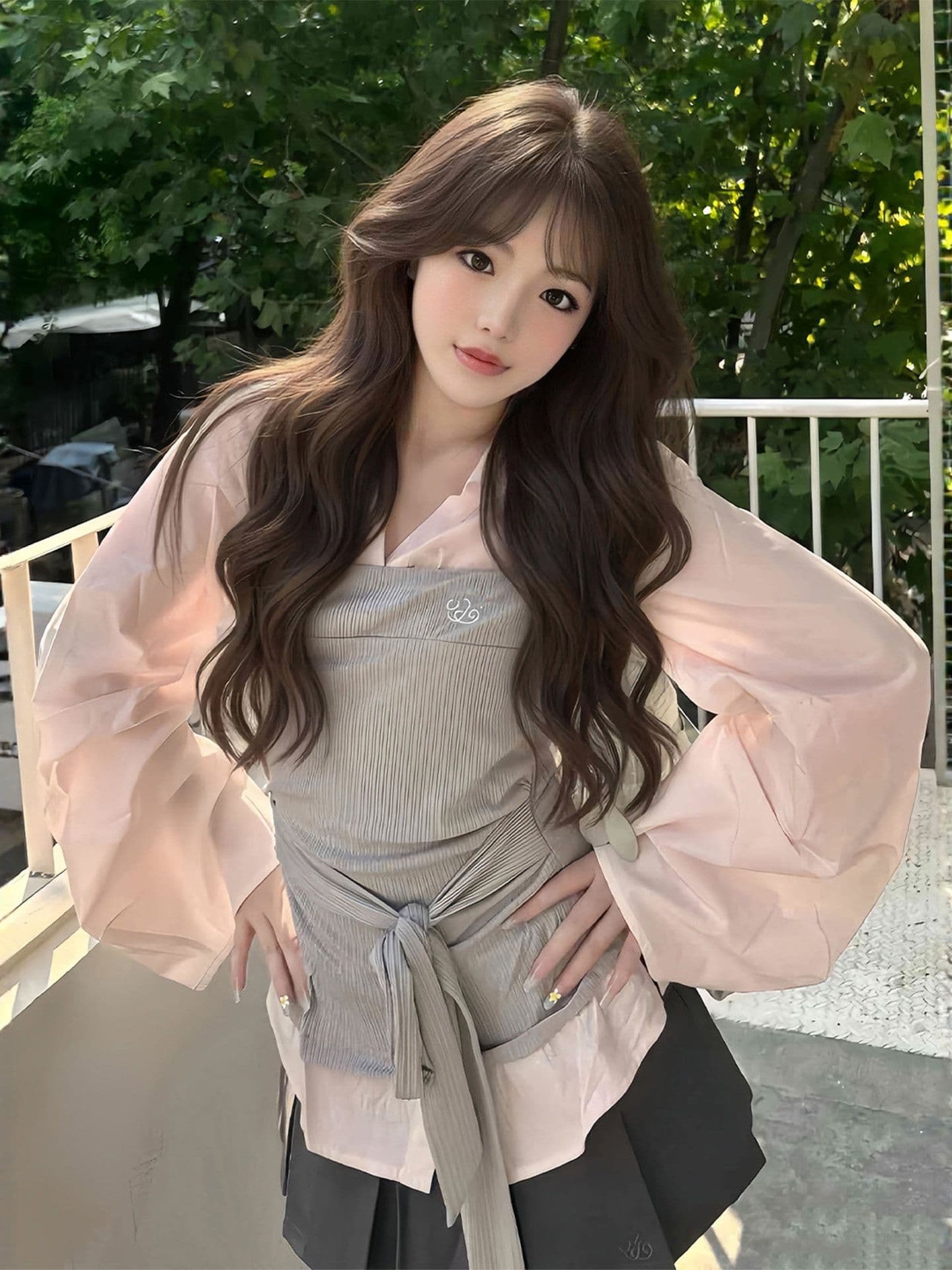 봄 가을 한 부서 소녀 착용 가져 가라. 전체 집합 디자인 센스 핑크색 긴팔 페이크 레이어드 셔츠 플리츠 미니 스커트 투피스 세트 이미지 3