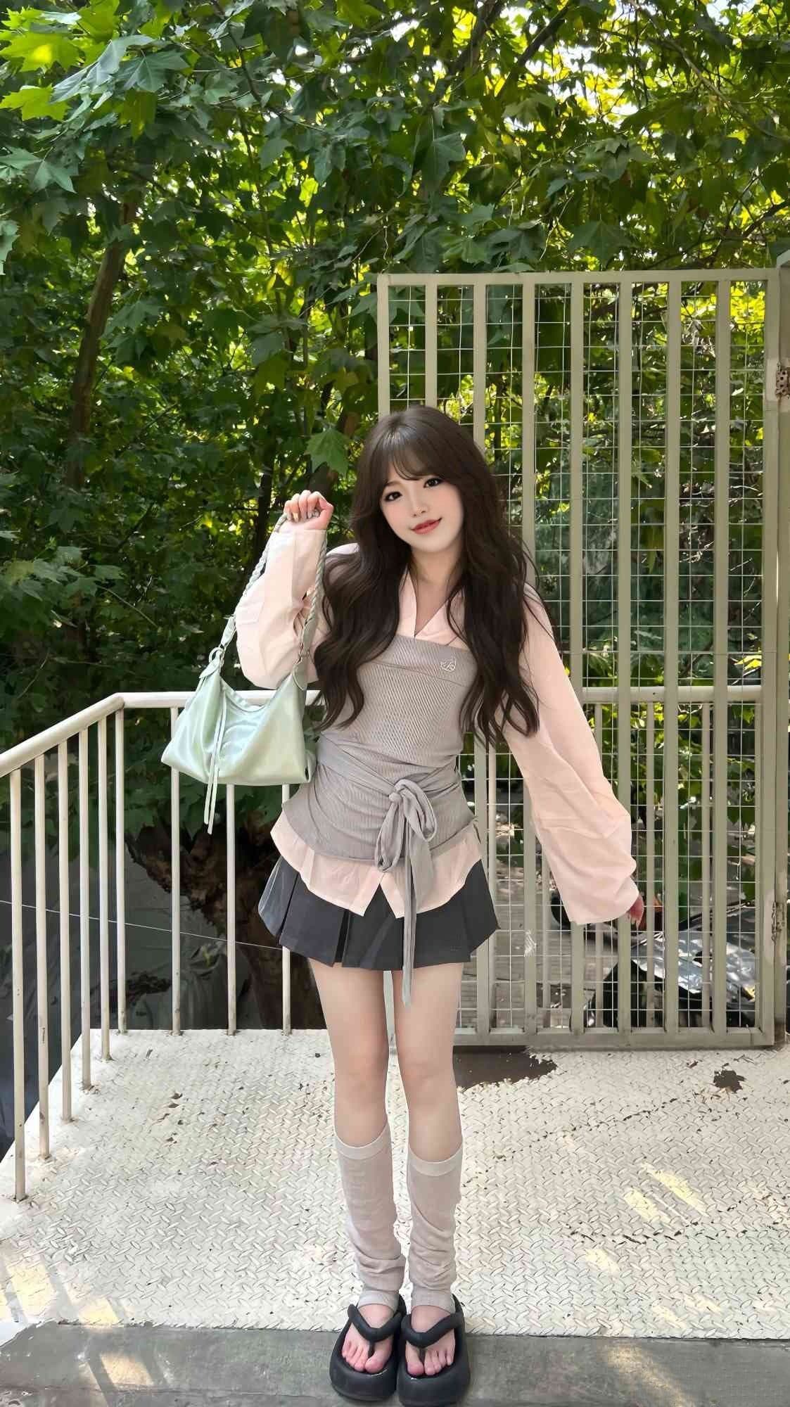 봄 가을 한 부서 소녀 착용 가져 가라. 전체 집합 디자인 센스 핑크색 긴팔 페이크 레이어드 셔츠 플리츠 미니 스커트 투피스 세트 상세 이미지 5