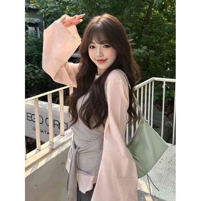 봄 가을 한 부서 소녀 착용 가져 가라. 전체 집합 디자인 센스 핑크색 긴팔 페이크 레이어드 셔츠 플리츠 미니 스커트 투피스 세트 상세 이미지 8