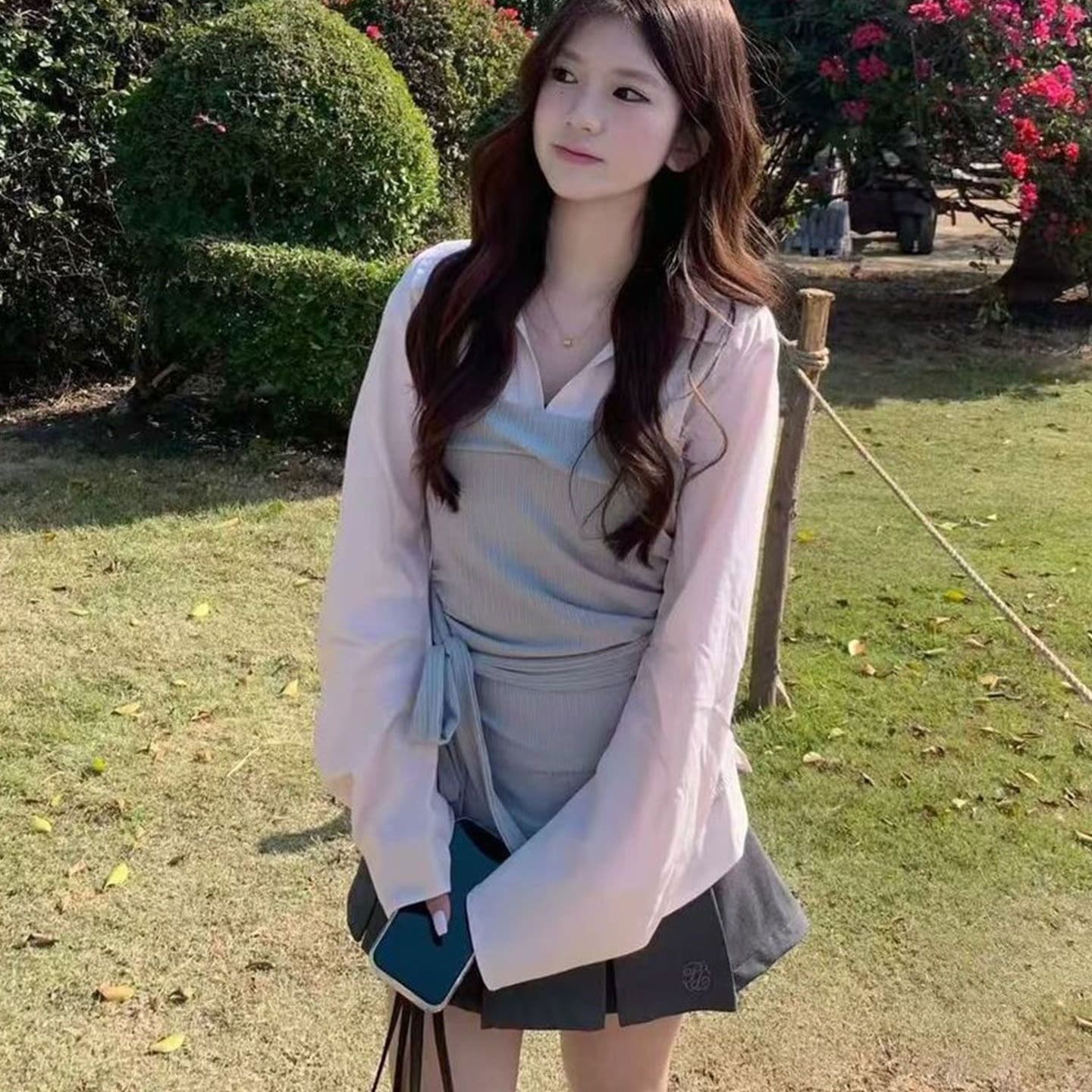 봄 가을 한 부서 소녀 착용 가져 가라. 전체 집합 디자인 센스 핑크색 긴팔 페이크 레이어드 셔츠 플리츠 미니 스커트 투피스 세트 이미지 5