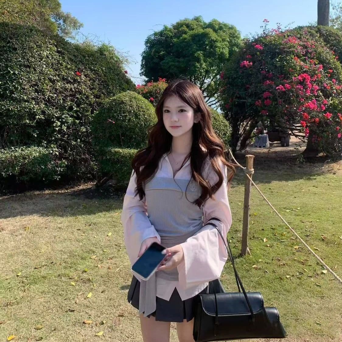 봄 가을 한 부서 소녀 착용 가져 가라. 전체 집합 디자인 센스 핑크색 긴팔 페이크 레이어드 셔츠 플리츠 미니 스커트 투피스 세트 상세 이미지 5