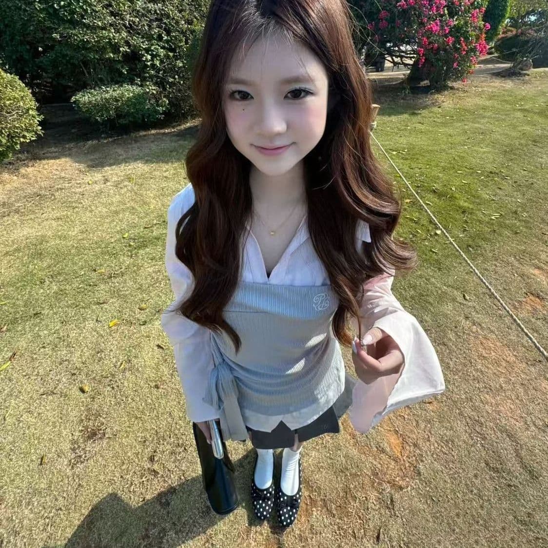 봄 가을 한 부서 소녀 착용 가져 가라. 전체 집합 디자인 센스 핑크색 긴팔 페이크 레이어드 셔츠 플리츠 미니 스커트 투피스 세트 상세 이미지 6