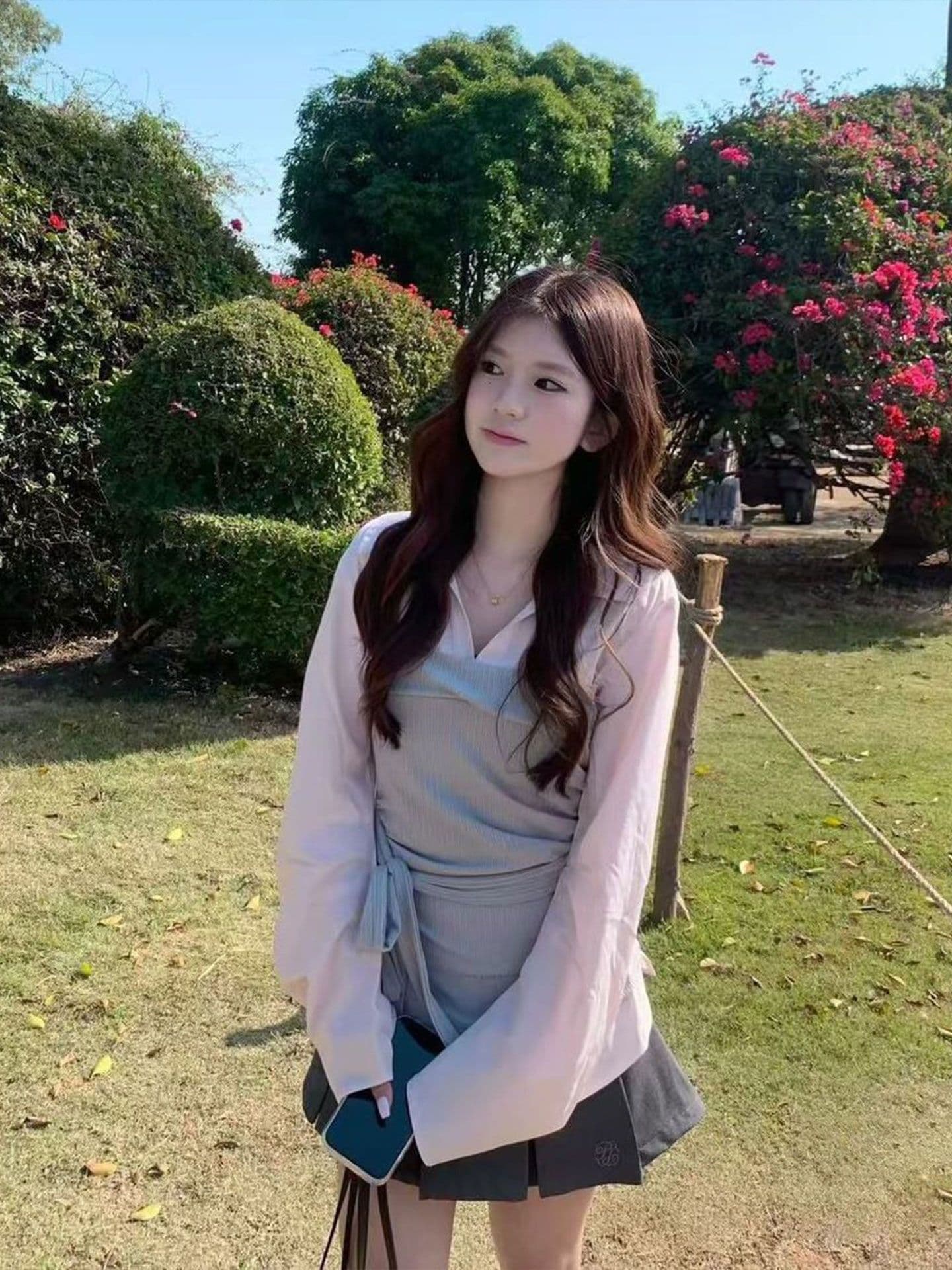 봄 가을 한 부서 소녀 착용 가져 가라. 전체 집합 디자인 센스 핑크색 긴팔 페이크 레이어드 셔츠 플리츠 미니 스커트 투피스 세트 상세 이미지 8