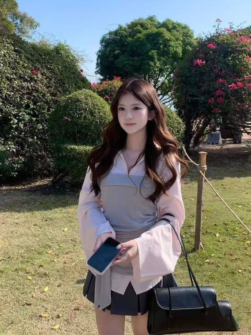 봄 가을 한 부서 소녀 착용 가져 가라. 전체 집합 디자인 센스 핑크색 긴팔 페이크 레이어드 셔츠 플리츠 미니 스커트 투피스 세트 상세 이미지 9