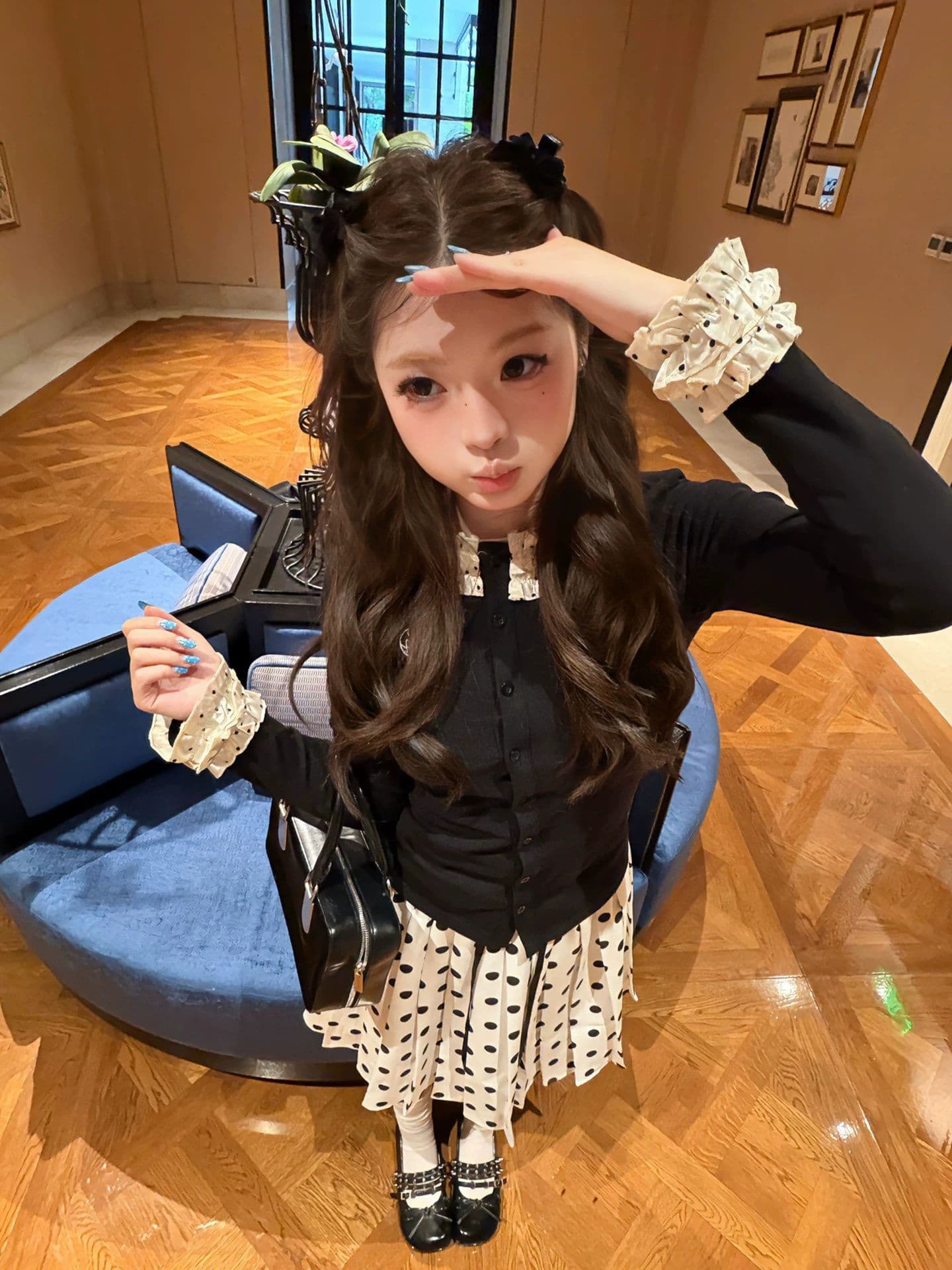 한 부서 아메리칸 달콤한 핫걸 레이스 긴팔 도트 무늬 티셔츠 여성 가을 새로운 고유 한 아름다운 반신 스커트 투피스 세트 이미지 2