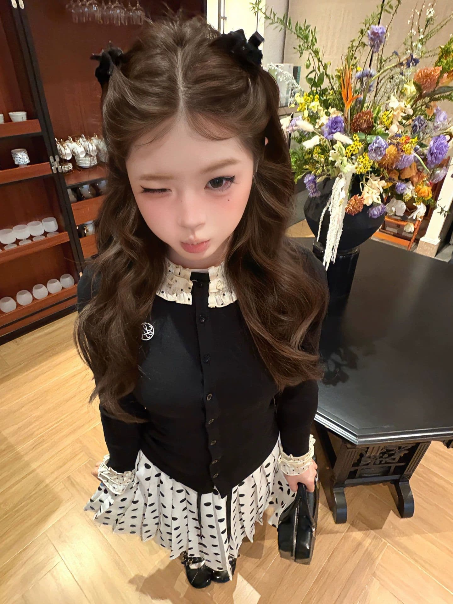 한 부서 아메리칸 달콤한 핫걸 레이스 긴팔 도트 무늬 티셔츠 여성 가을 새로운 고유 한 아름다운 반신 스커트 투피스 세트 상세 이미지 3