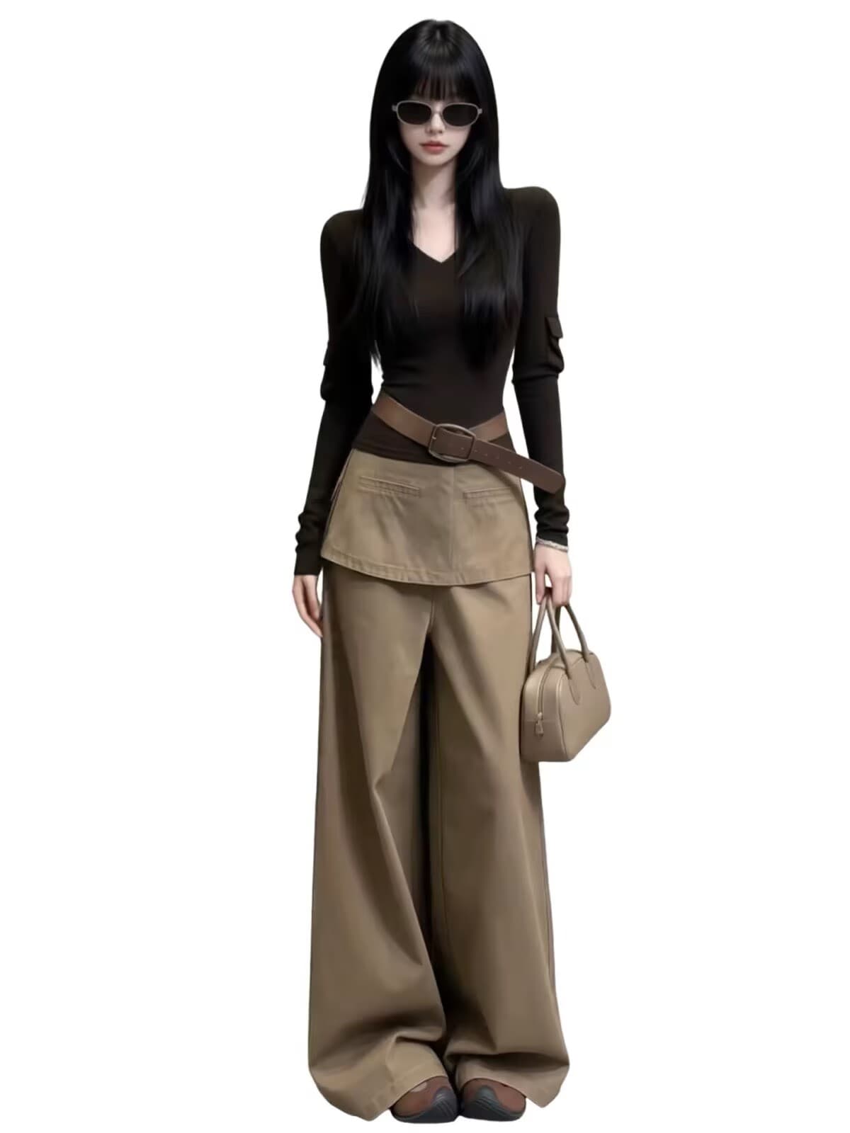 한 부서 ootd 이른 가을 착용 가져 가라. 전체 집합 2026 새로운 V넥 긴팔 맨위 여성 와이드 레그 팬츠 투피스 슈트 여성 상세 이미지 6