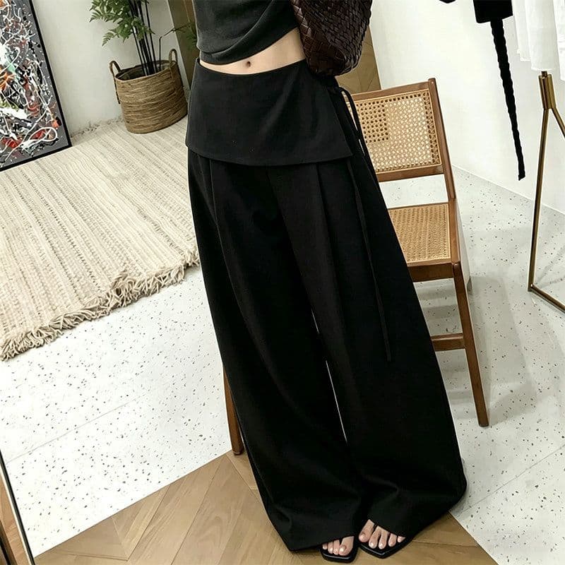 어두운 회색 페이크 레이어드 방귀 커튼 스트랩 와이드 레깅스 바지 2026 봄 가을 미니멀리즘 하이웨이스트 슬림해 보이는 몸매 가꾸기 스트레이트 팬츠 이미지 4