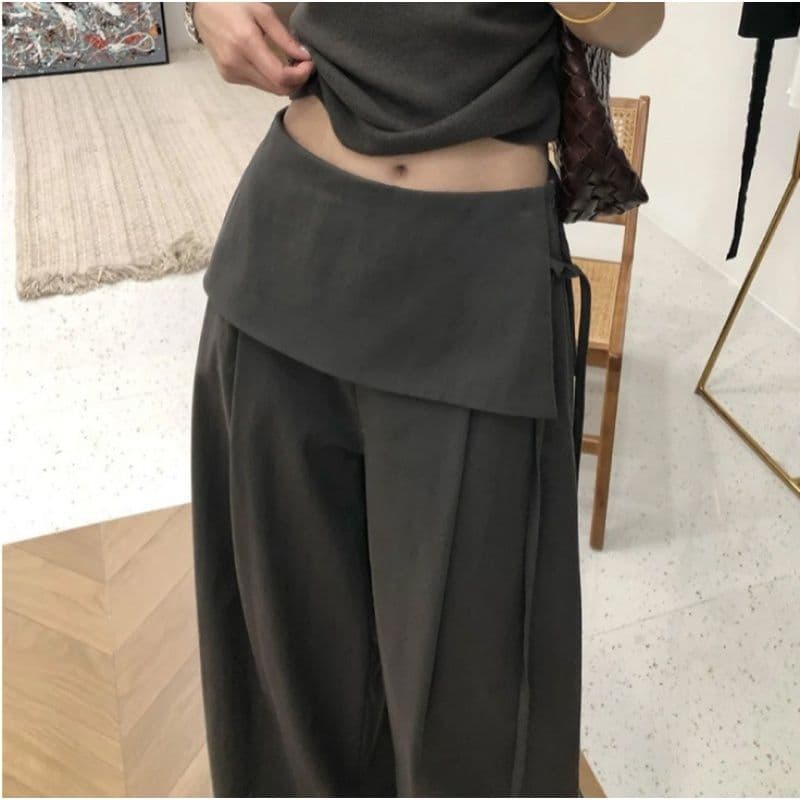 어두운 회색 페이크 레이어드 방귀 커튼 스트랩 와이드 레깅스 바지 2026 봄 가을 미니멀리즘 하이웨이스트 슬림해 보이는 몸매 가꾸기 스트레이트 팬츠 이미지 3