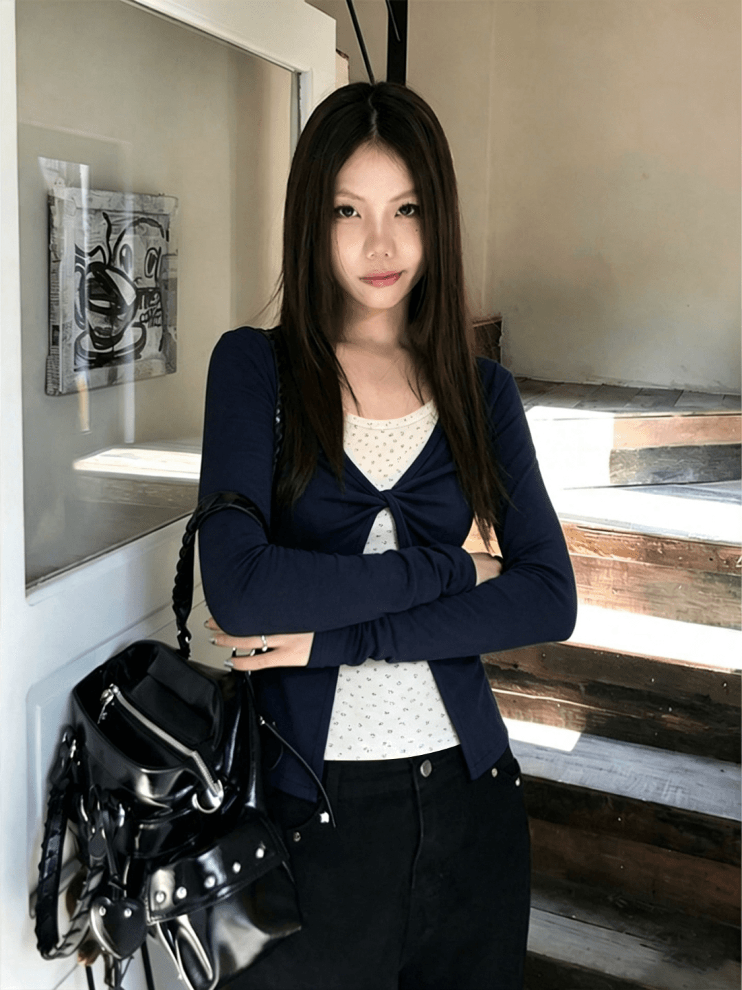 260 그램 사람들 면 한 부서 블루 싸움 꽃무늬 페이크 레이어드 긴팔 티셔츠 여성 가을 몸매 가꾸기 느긋한 센스 아름다운 맨위