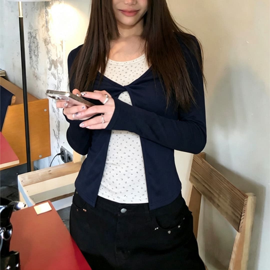 260 그램 사람들 면 한 부서 블루 싸움 꽃무늬 페이크 레이어드 긴팔 티셔츠 여성 가을 몸매 가꾸기 느긋한 센스 아름다운 맨위 이미지 5