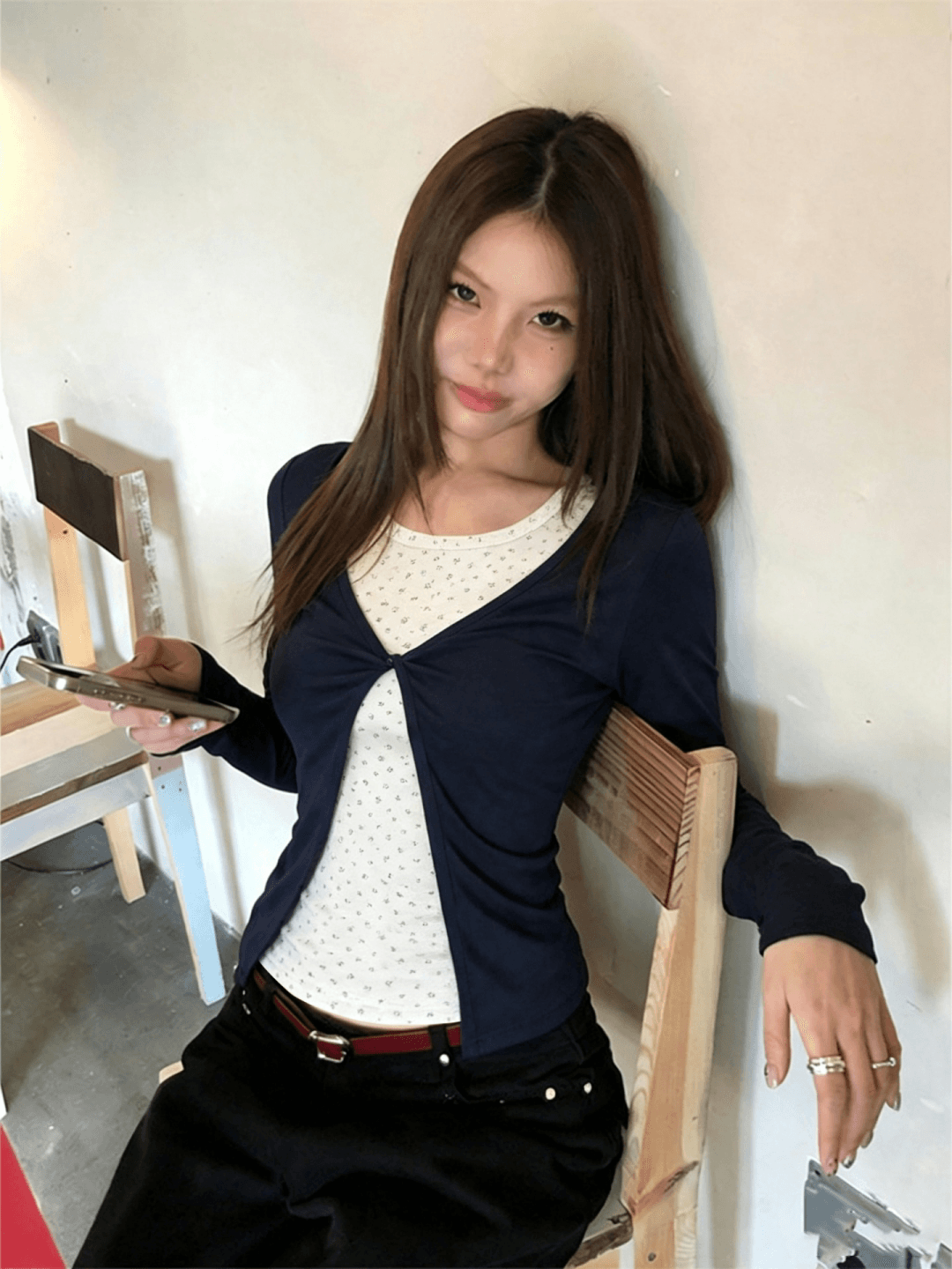 260 그램 사람들 면 한 부서 블루 싸움 꽃무늬 페이크 레이어드 긴팔 티셔츠 여성 가을 몸매 가꾸기 느긋한 센스 아름다운 맨위 상세 이미지 1
