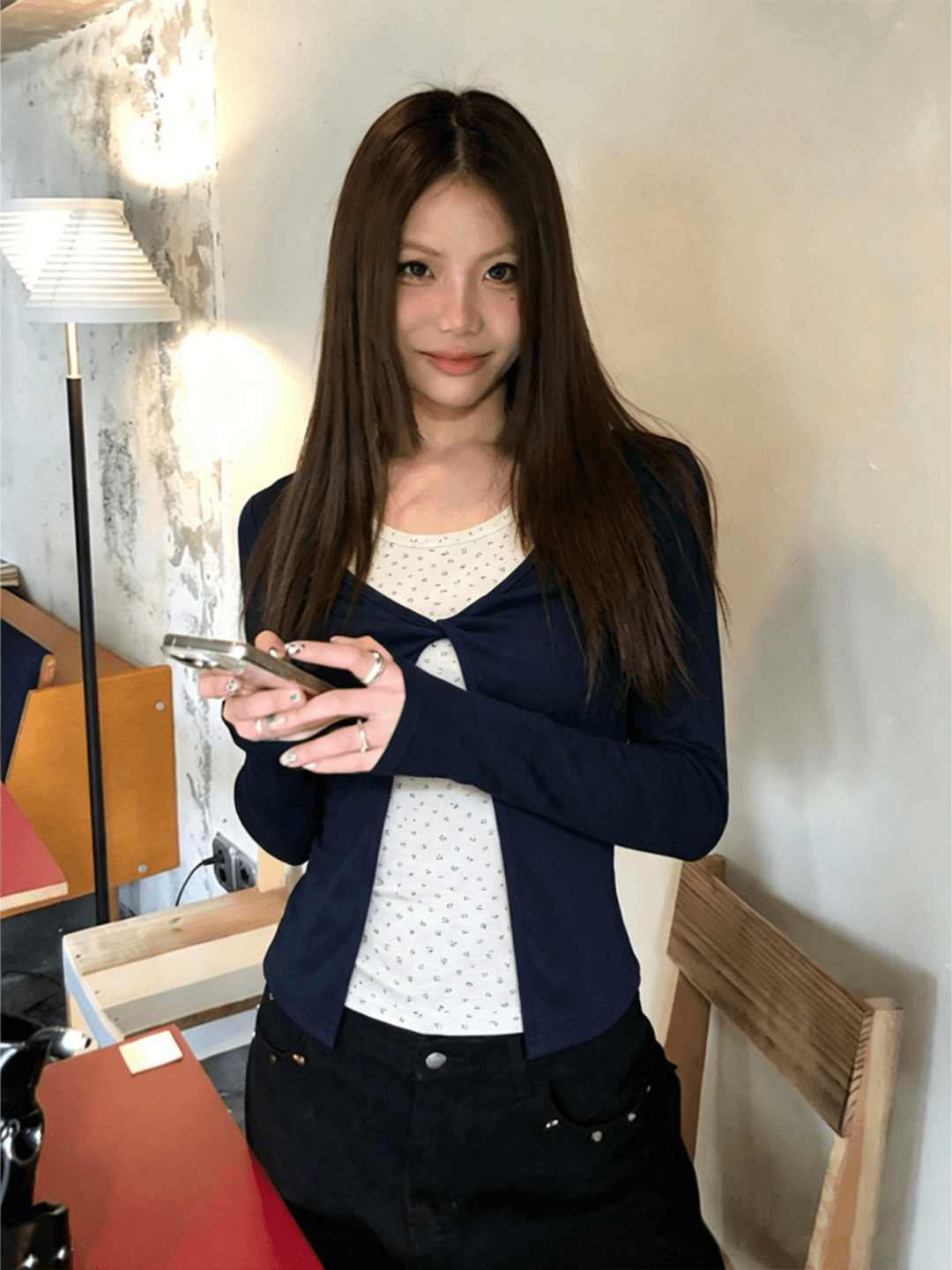 260 그램 사람들 면 한 부서 블루 싸움 꽃무늬 페이크 레이어드 긴팔 티셔츠 여성 가을 몸매 가꾸기 느긋한 센스 아름다운 맨위 상세 이미지 3