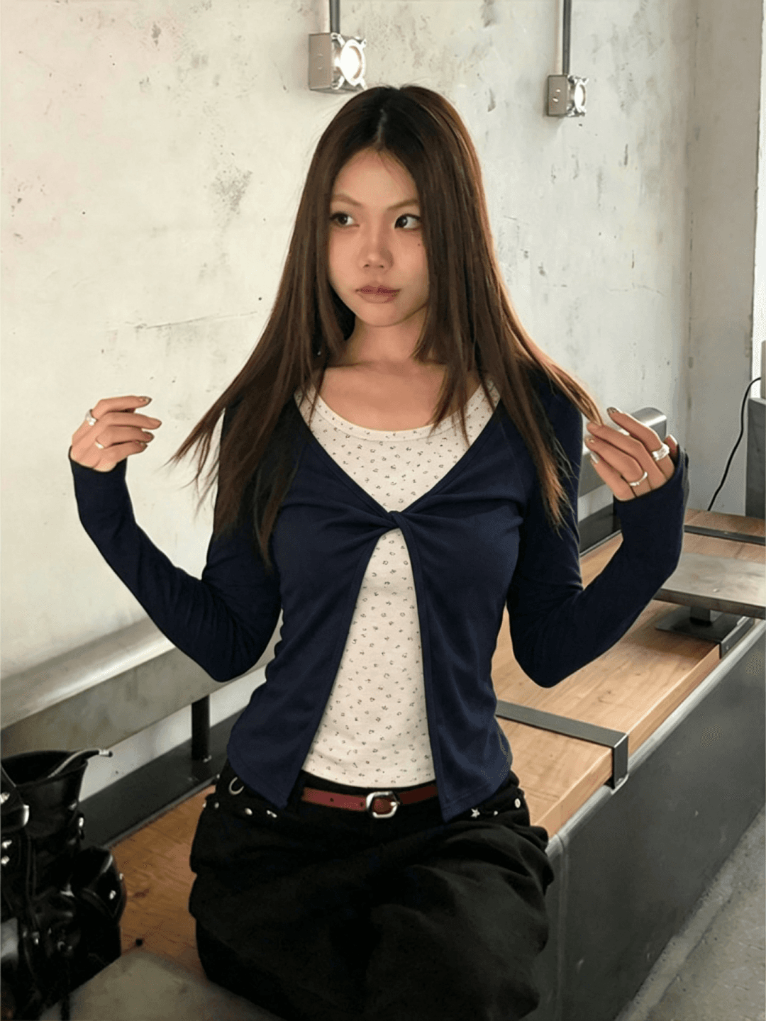 260 그램 사람들 면 한 부서 블루 싸움 꽃무늬 페이크 레이어드 긴팔 티셔츠 여성 가을 몸매 가꾸기 느긋한 센스 아름다운 맨위 상세 이미지 5