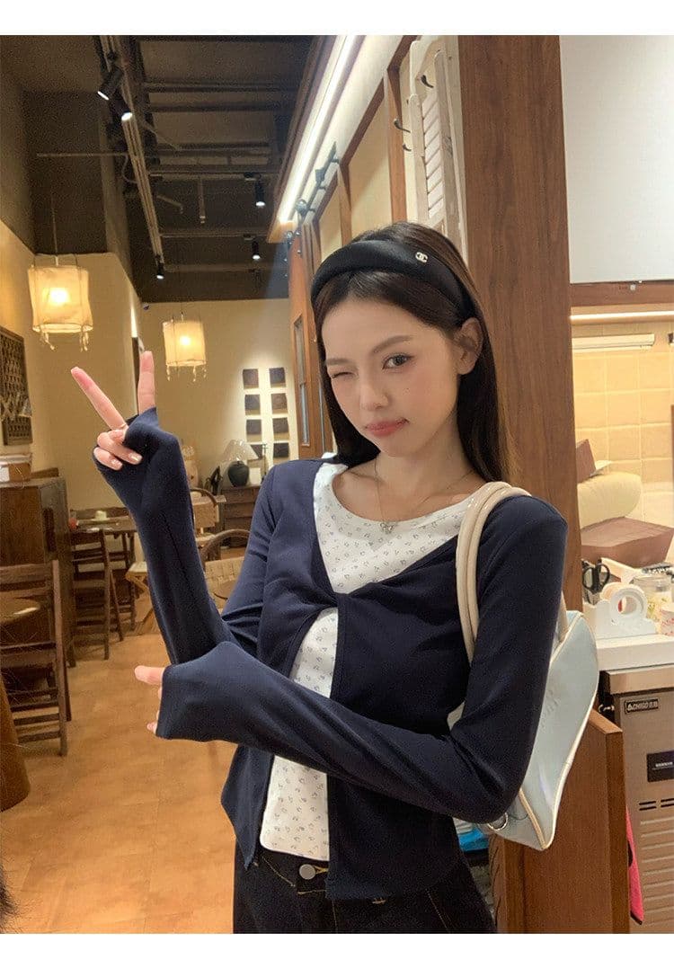 260 그램 사람들 면 블루 꽃무늬 페이크 레이어드 긴팔 티셔츠 여성 조기 가을 몸매 가꾸기 인사이드 가져 가라. 기본 셔츠 싱글 착용 맨위 상세 이미지 12