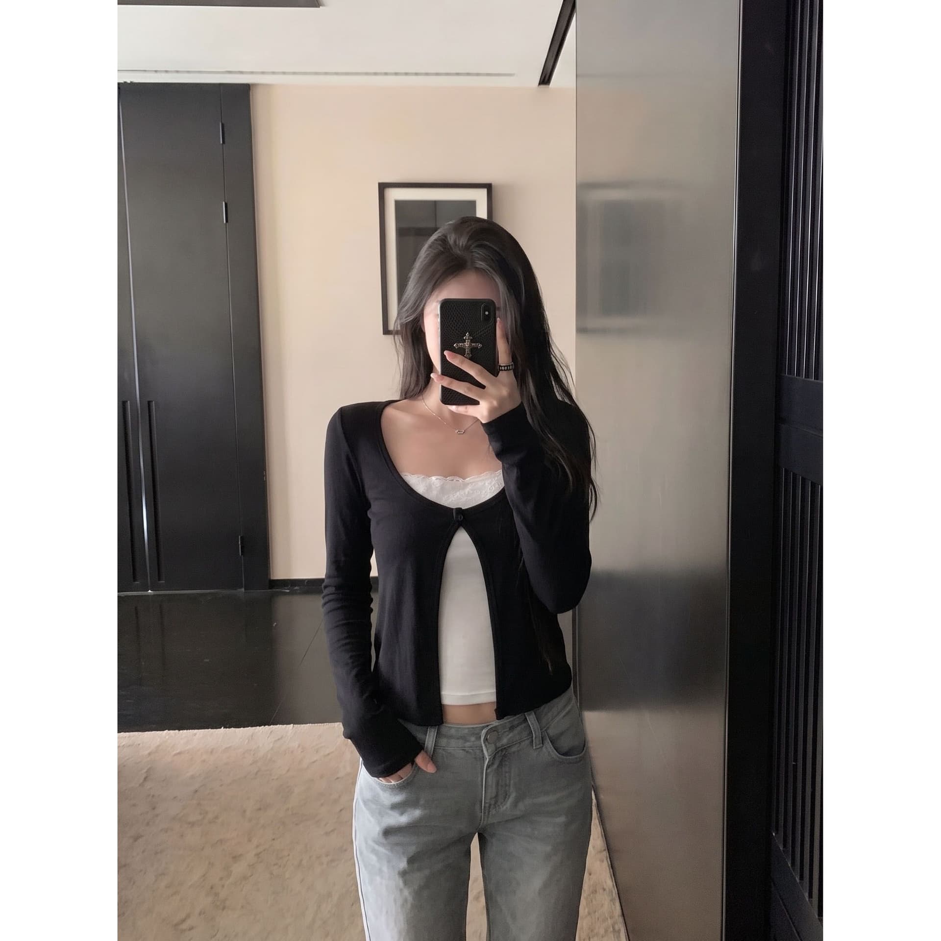 양모 한 부서 분위기 센스 페이크 레이어드 긴팔 티셔츠 여성 이른 가을 몸매 가꾸기 슬림해 보이는 다용도 작은 키 품격 맨위 상세 이미지 5