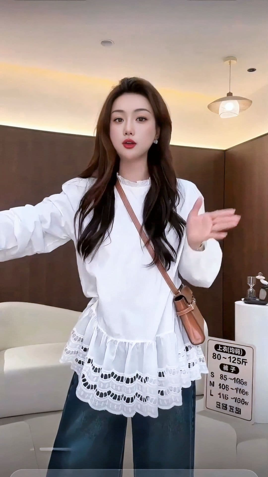chic 면 프릴 레이스 조각 긴팔 여성 셔츠 가을 한 부서 중간 길이 슬림해 보이는 화이트 작은 대중 맨위 상세 이미지 4