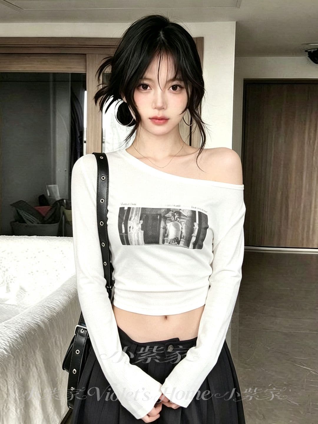 사람들 면 아메리칸 핫걸 비스듬한 어깨 긴팔 티셔츠 여성 가을 베이지 색 프린트 몸매 가꾸기 슬림해 보이는 쇼트 스타일 이슬 뼈의 맨위 이미지 2